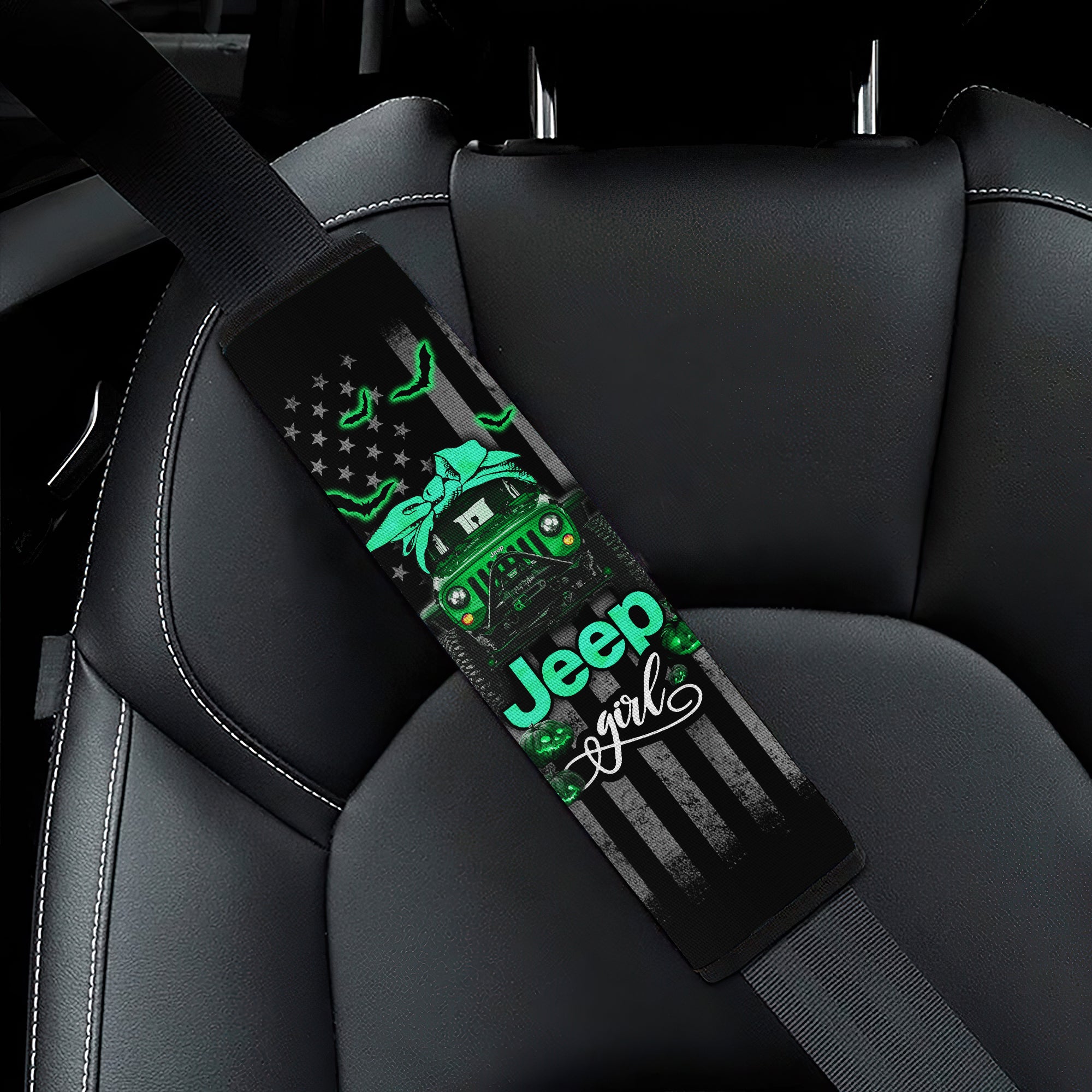 Halloween American Flag Green Jeep Girl Seat Belt Cover Custom