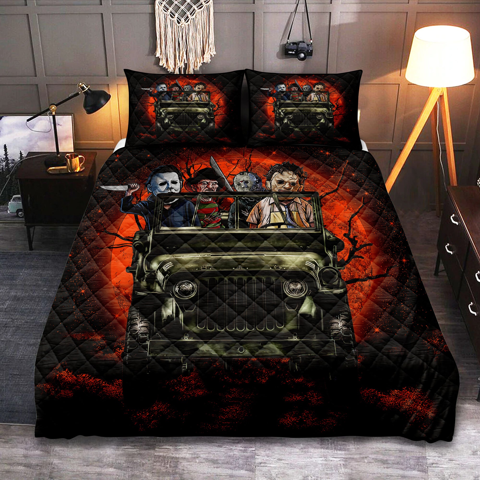 Halloween Horror Movie Jeep Quilt Bed Set - Funny Moonlight Design