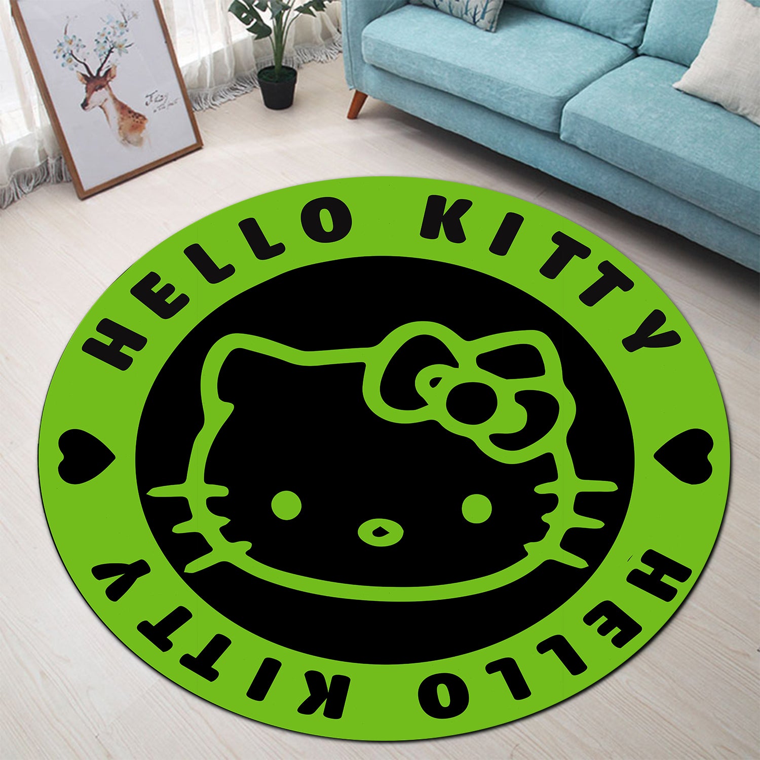 Hello Kitty Green Round Rug for Bedroom and Living Room Decor