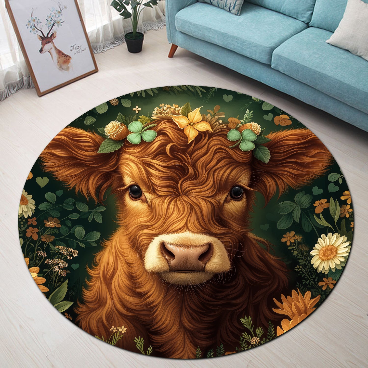 Highland Cow Flower Stained Glass Round Rug for Bedroom Living Room