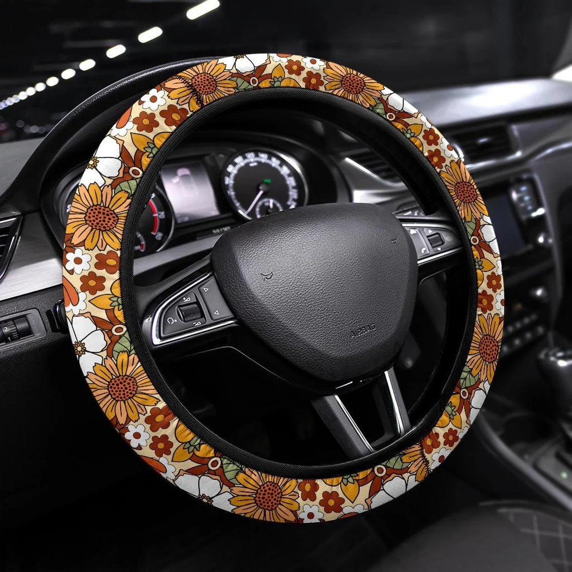 Hippie Floral Pattern Steering Wheel Cover for Cars