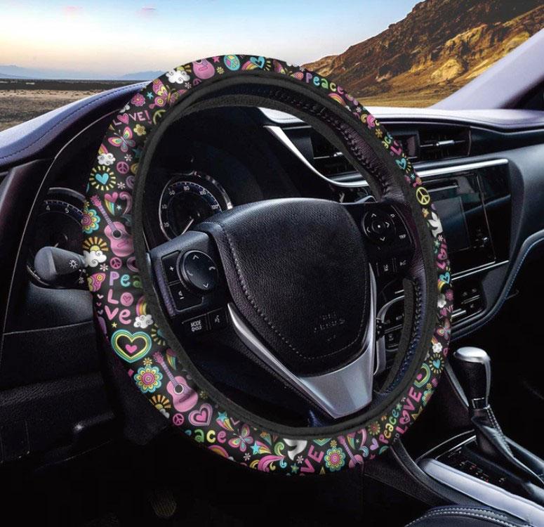 Peace Sign Love Pattern Car Steering Wheel Cover for Hippie Fans