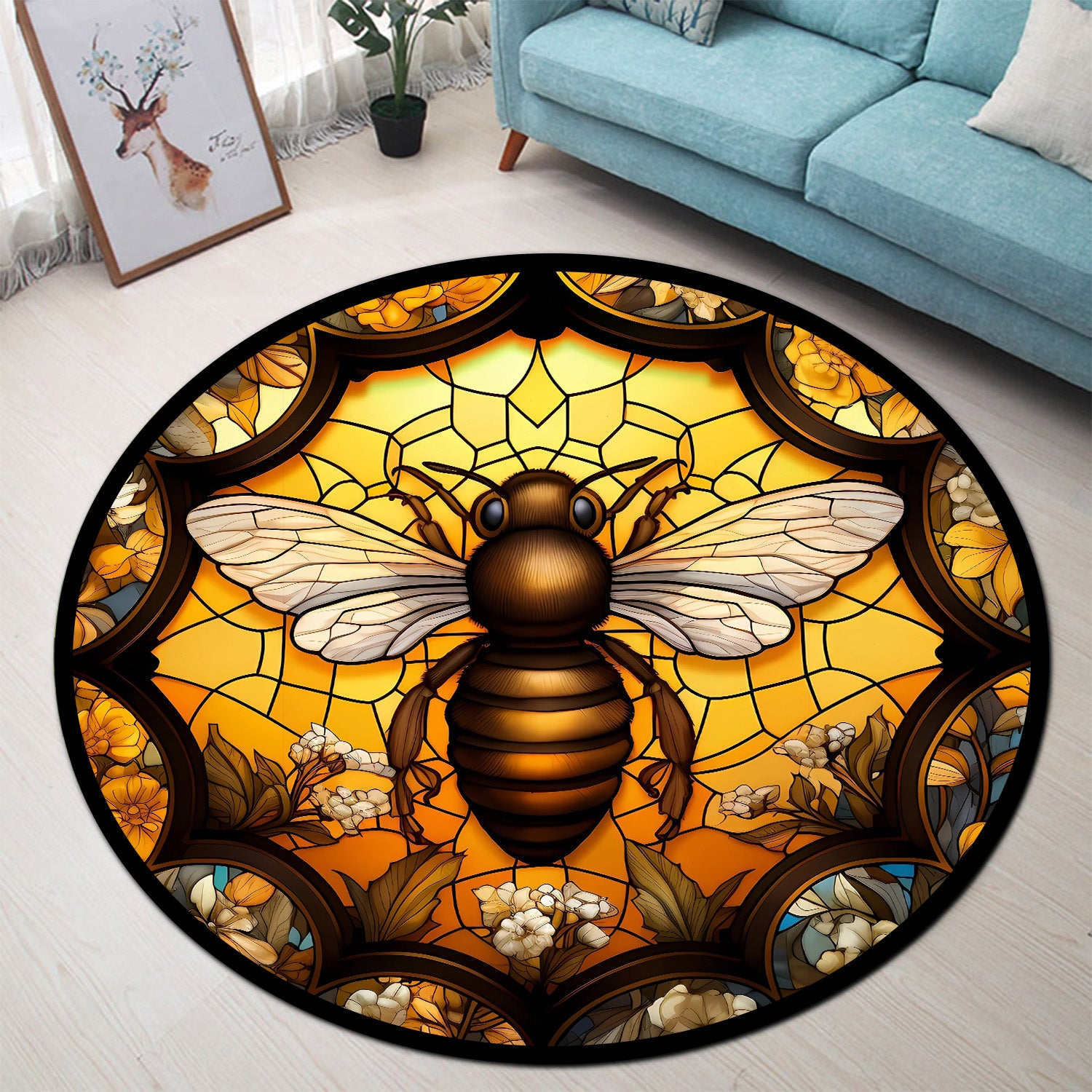 Honey Bee Stained Glass Area Rug for Bedroom Living Room Decor