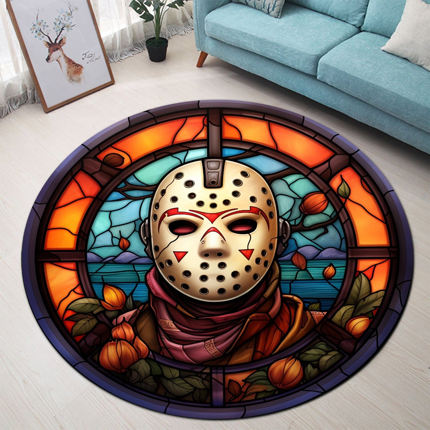 Horror Movie Stained Glass Round Rug for Bedroom Living Room Decor