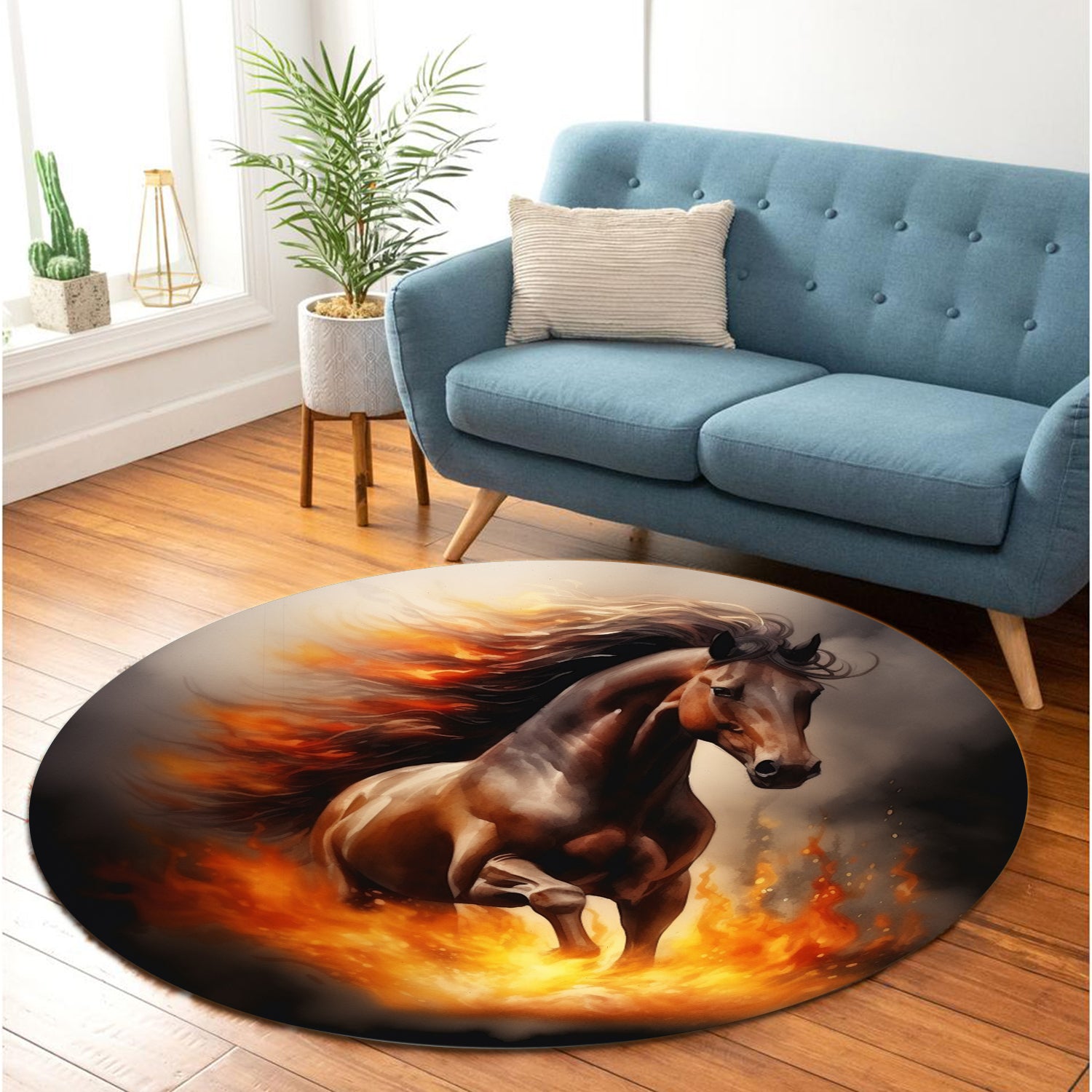 Horse Fire Design Round Carpet Rug for Bedroom Living Room Decor
