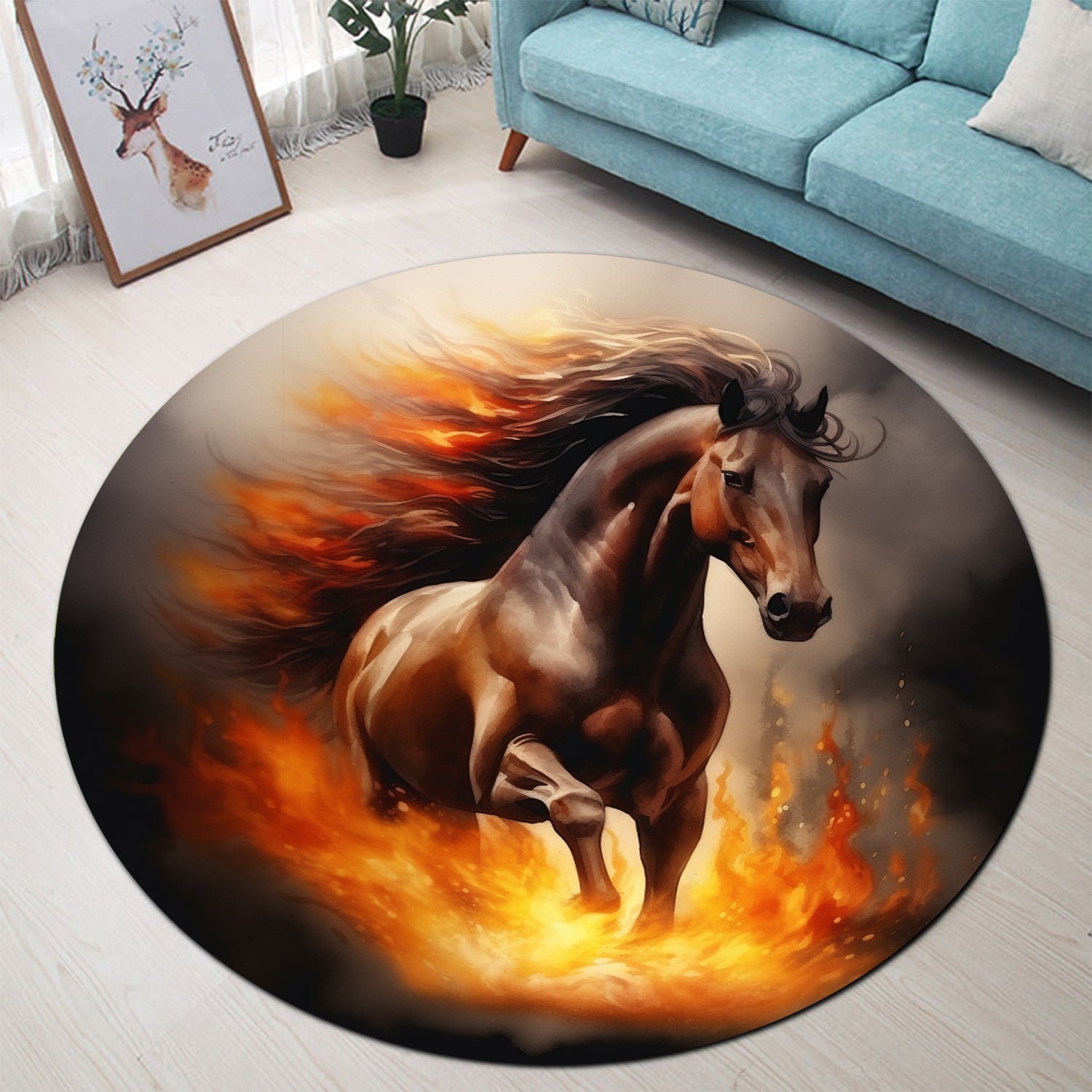 Horse Fire Design Round Carpet Rug for Bedroom Living Room Decor