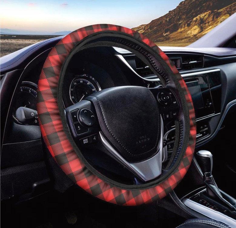 Red Buffalo Plaid Car Steering Wheel Cover - Stylish Auto Accessory