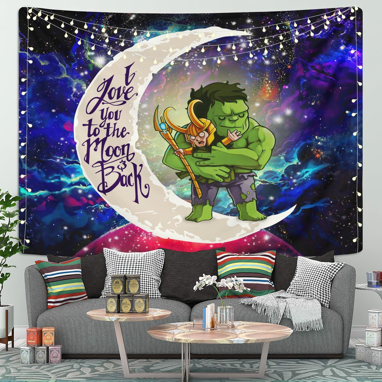 Hulk Loki Love You To The Moon Galaxy Tapestry Home Decor