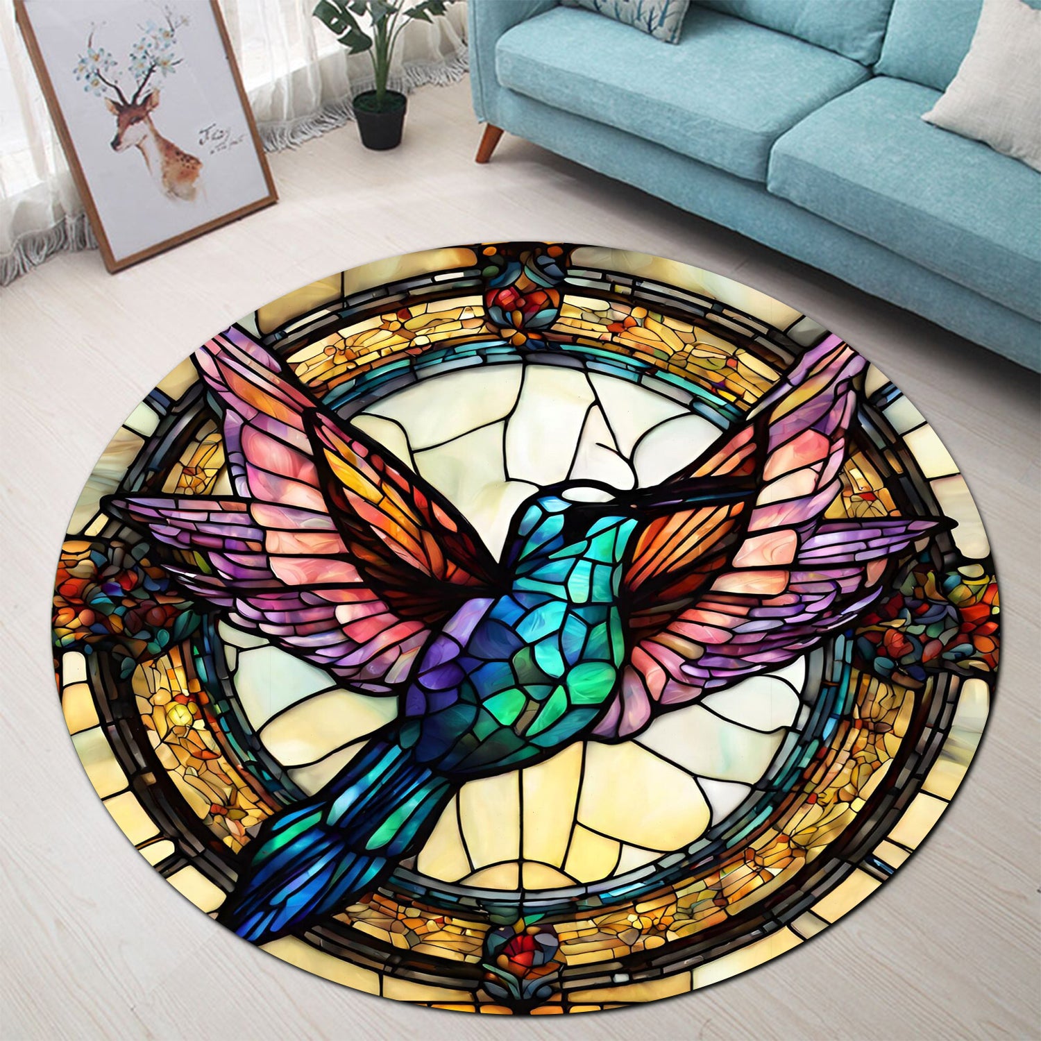 Hummingbird Stained Glass Round Carpet Rug for Bedroom & Living Room