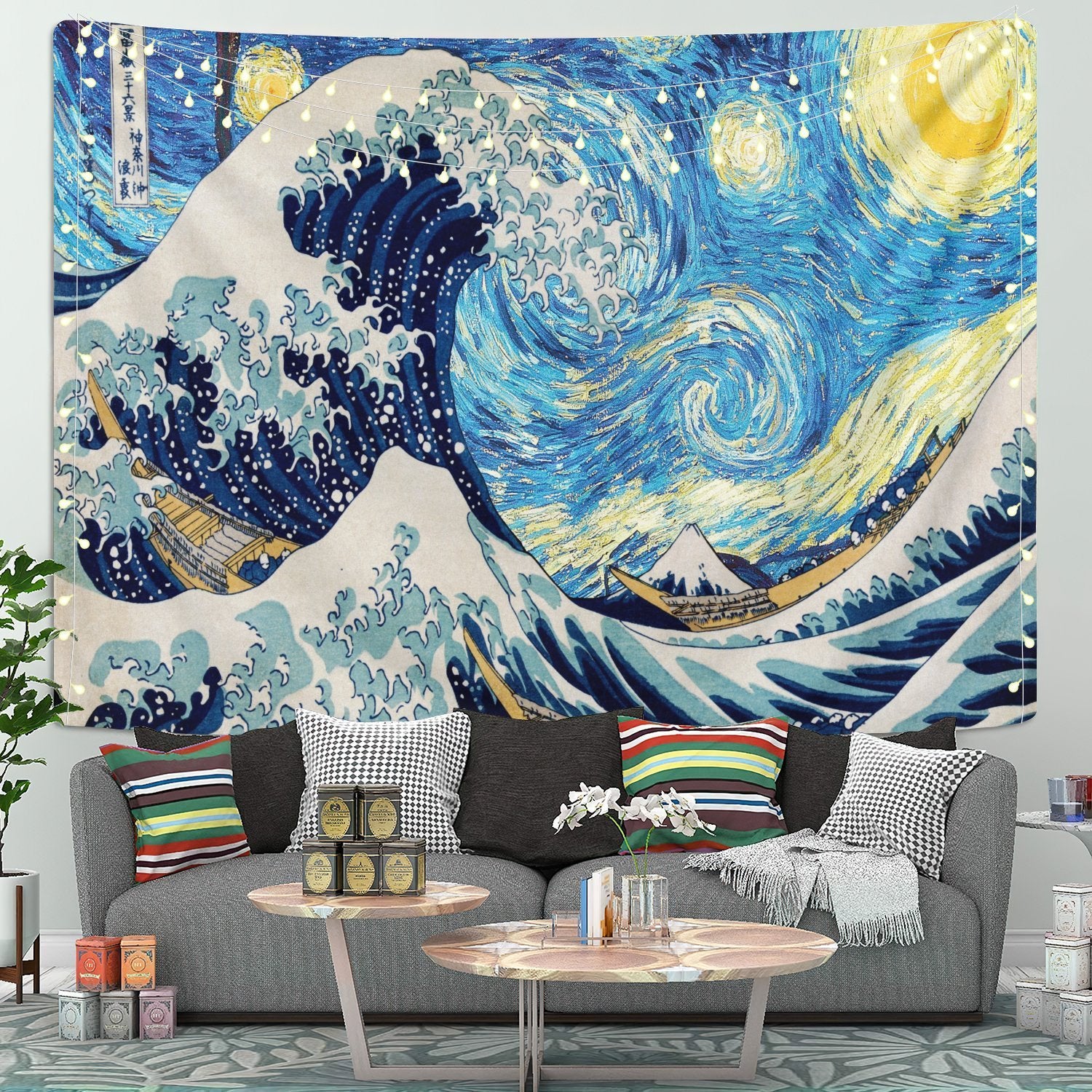 Japanese Wave Starry Night Tapestry for Bedroom Wall Decor