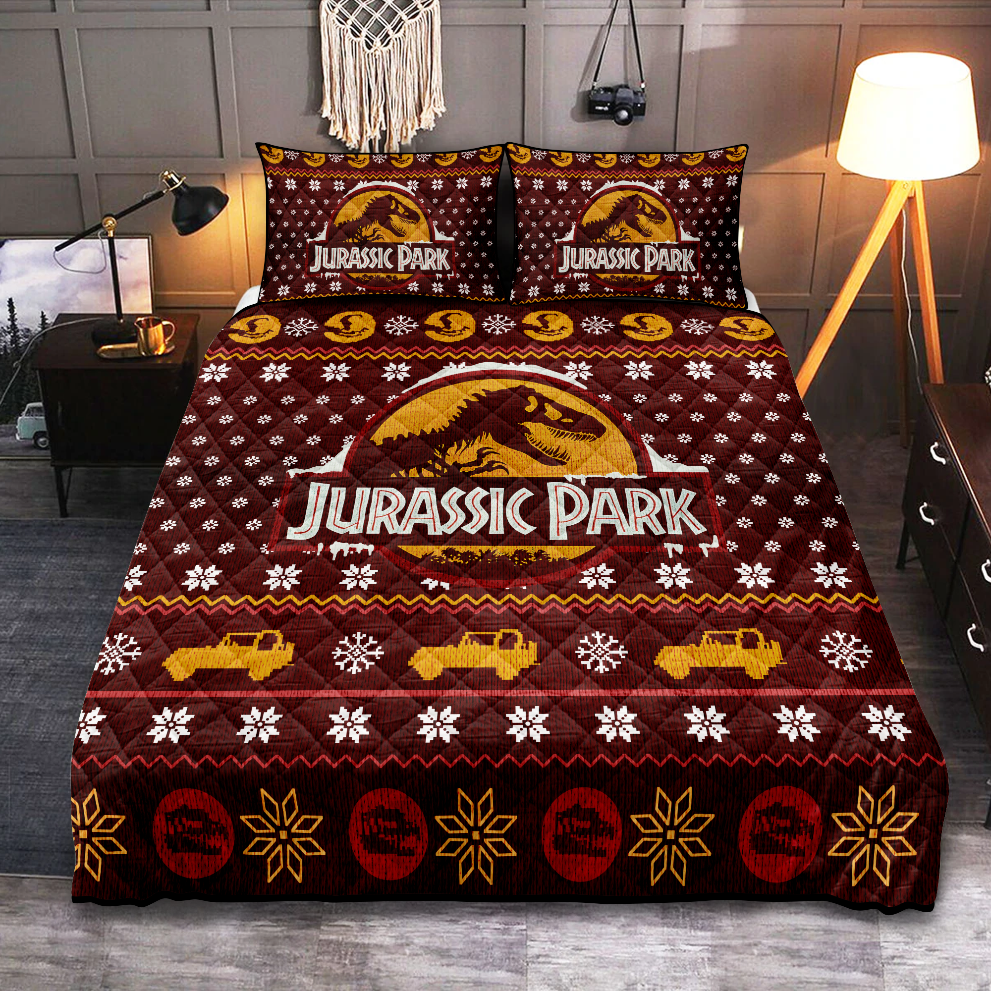 Jurassic Park T-Rex Quilt Christmas Bedding Set Jurassic