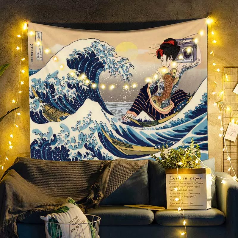 Great Wave Kanagawa Girl Tapestry for Japanese Room Decor