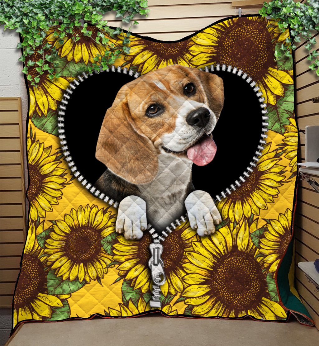 Beagle Dog Sunflower Patterned Zipper Quilt Blanket for Pet Lovers
