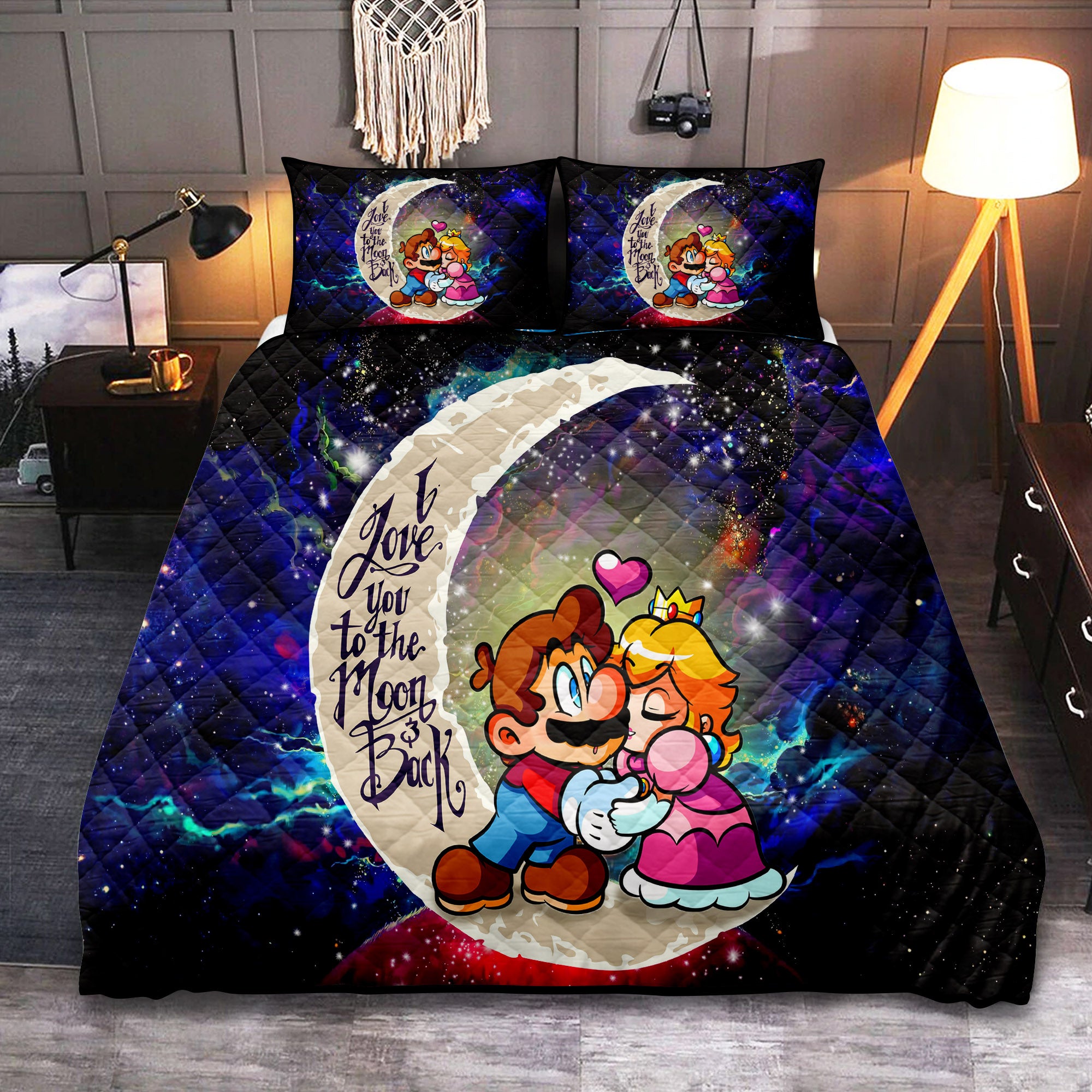 Mario Couple Love You To The Moon Galaxy Bedding Quilt Set