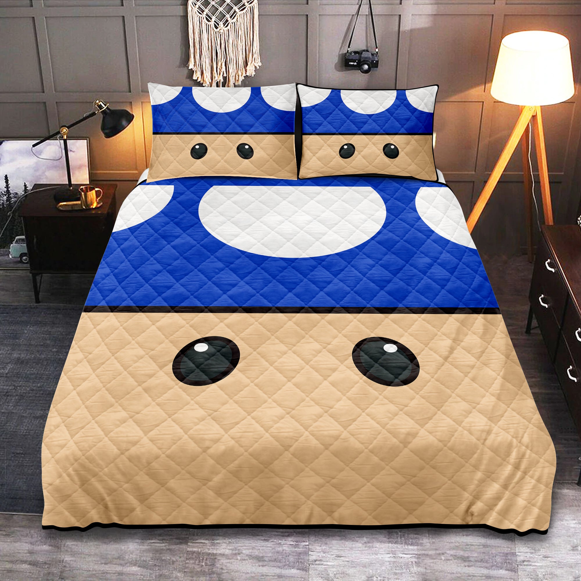 Blue Mario Mushroom Quilt Bed Set for Kids Mario Mushroom