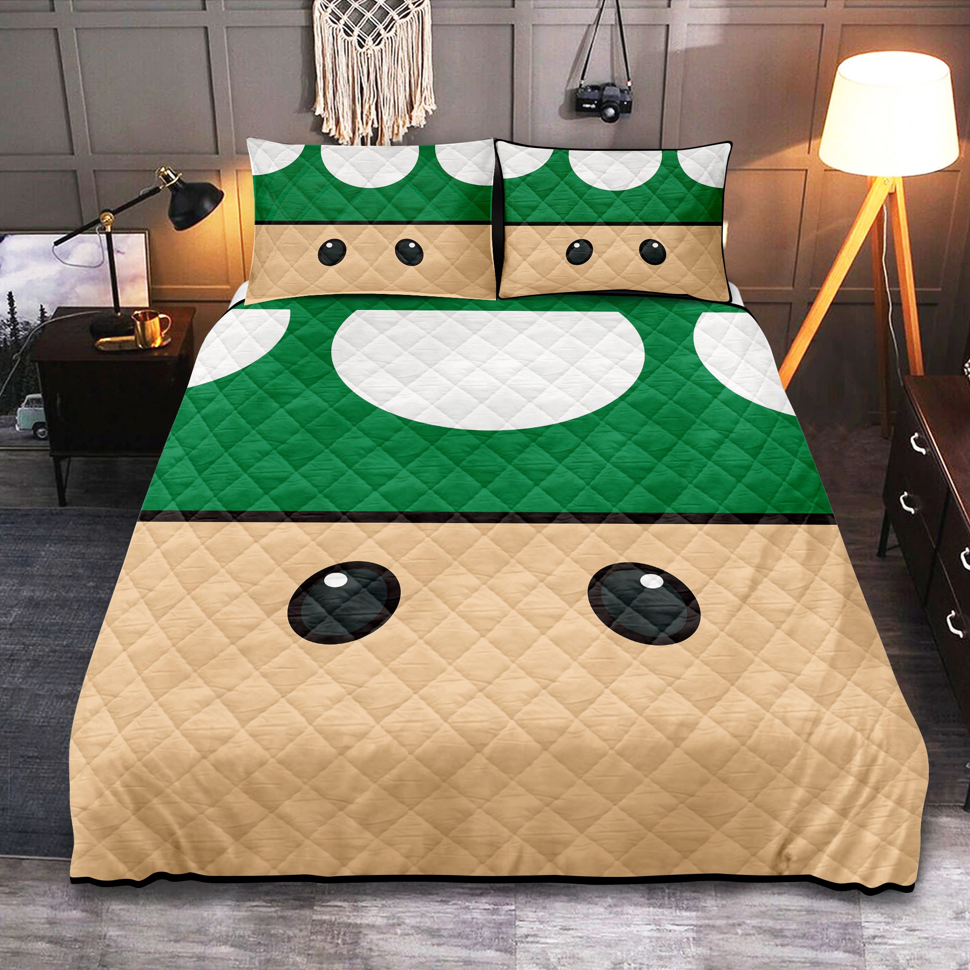 Green Mario Mushroom Quilt Bed Set for Gaming Room Decor