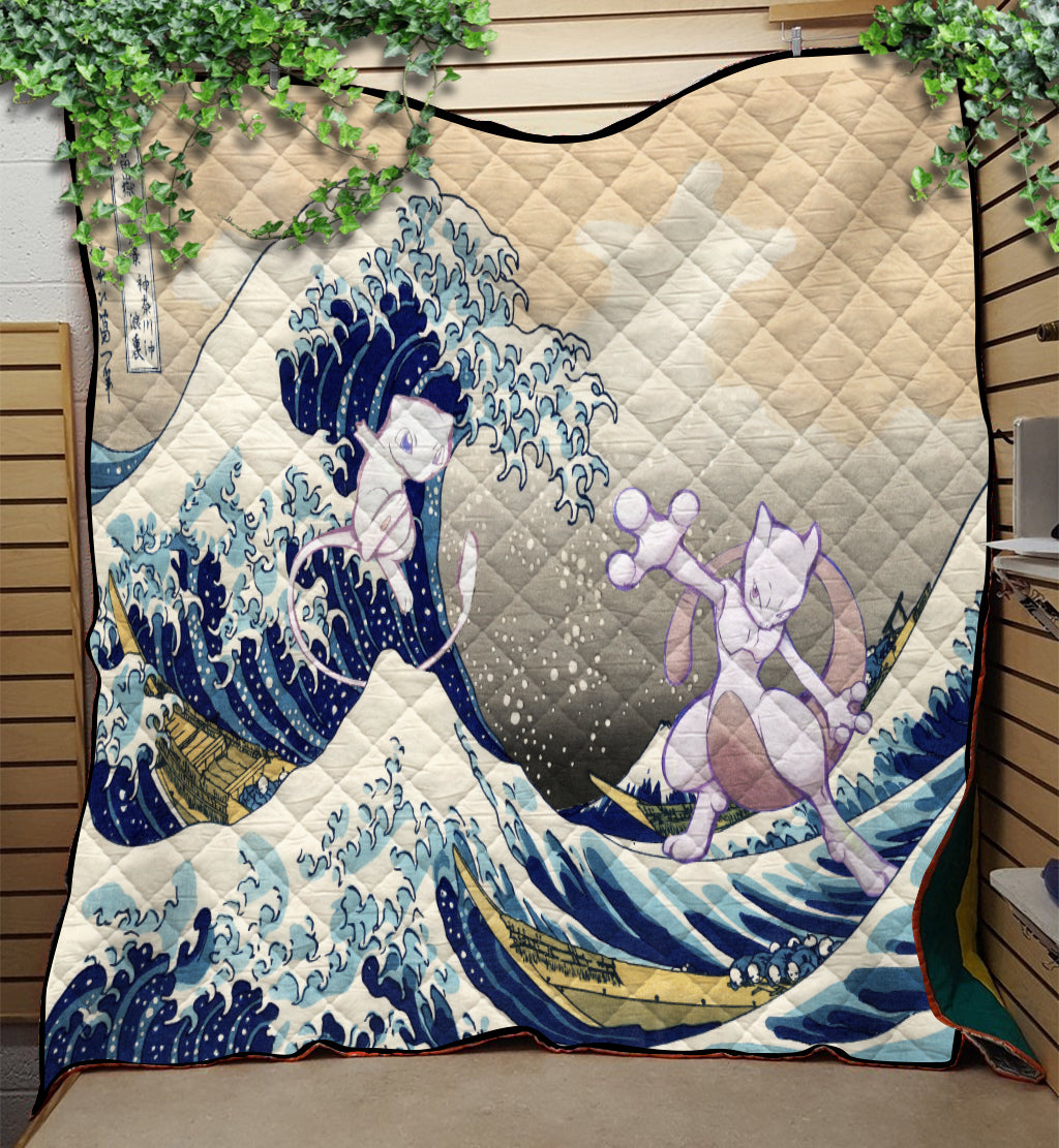 Mewtwo and Mew Pokemon Great Wave Throw Blanket Mewtwo