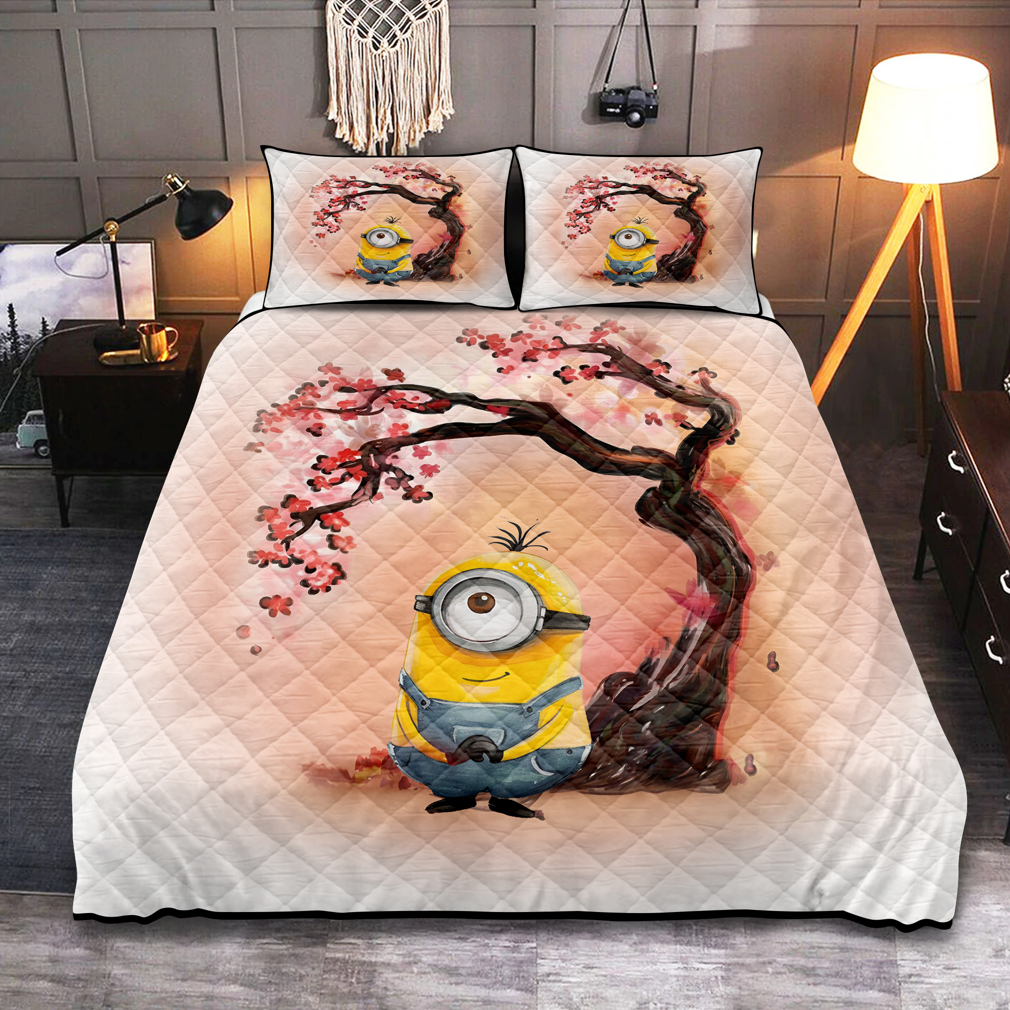 Cherry Blossom Minion Quilt Bed Set Minion Cherry Blossom