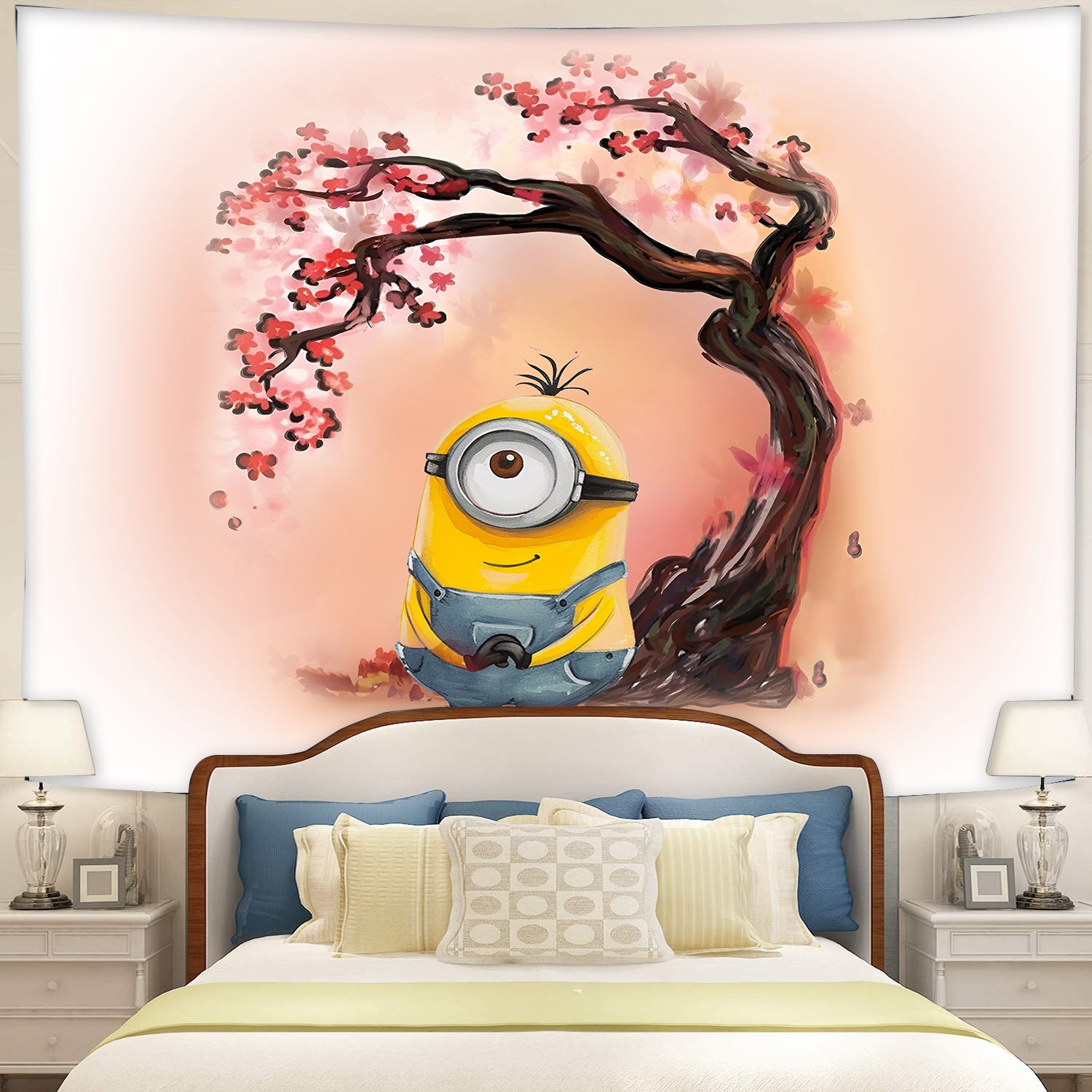 Minion Cherry Blossom Tapestry Decor for Bedroom or Living Room