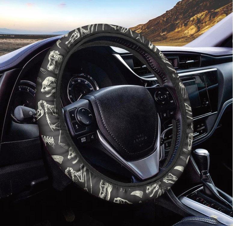 Dinosaur Fossil Pattern Car Steering Wheel Cover - Monochrome Design