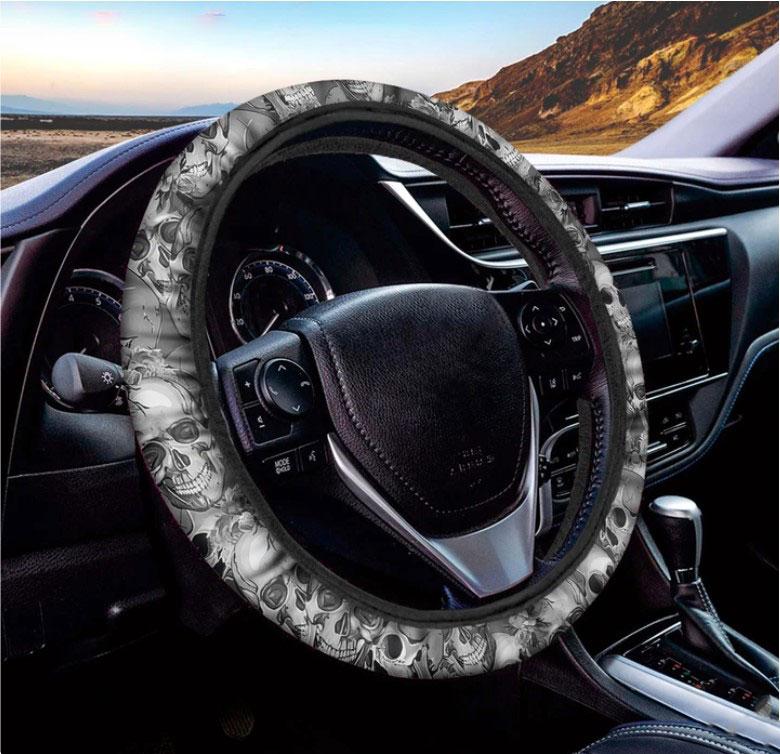 Skull Flowers Monochrome Pattern Car Steering Wheel Cover