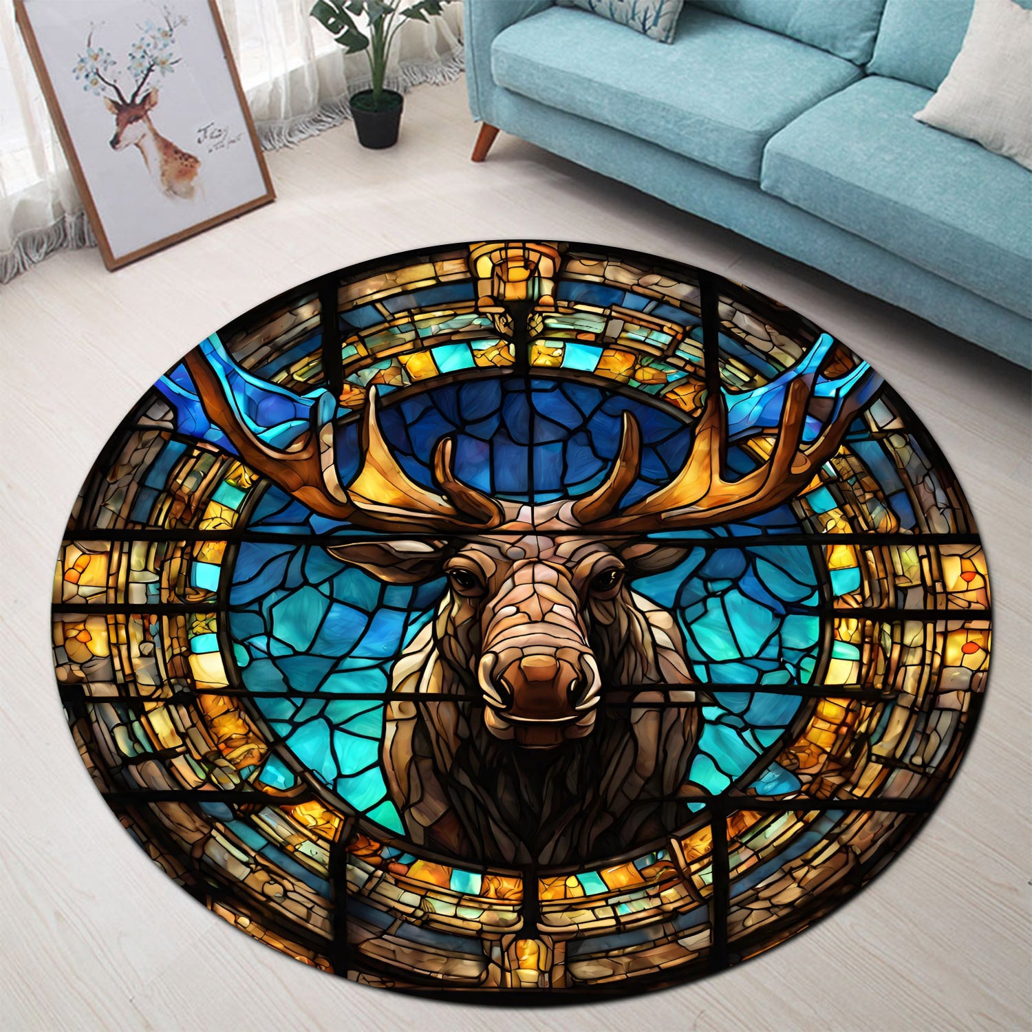 Moose Deer Stained Glass Round Rug for Bedroom Living Room Decor