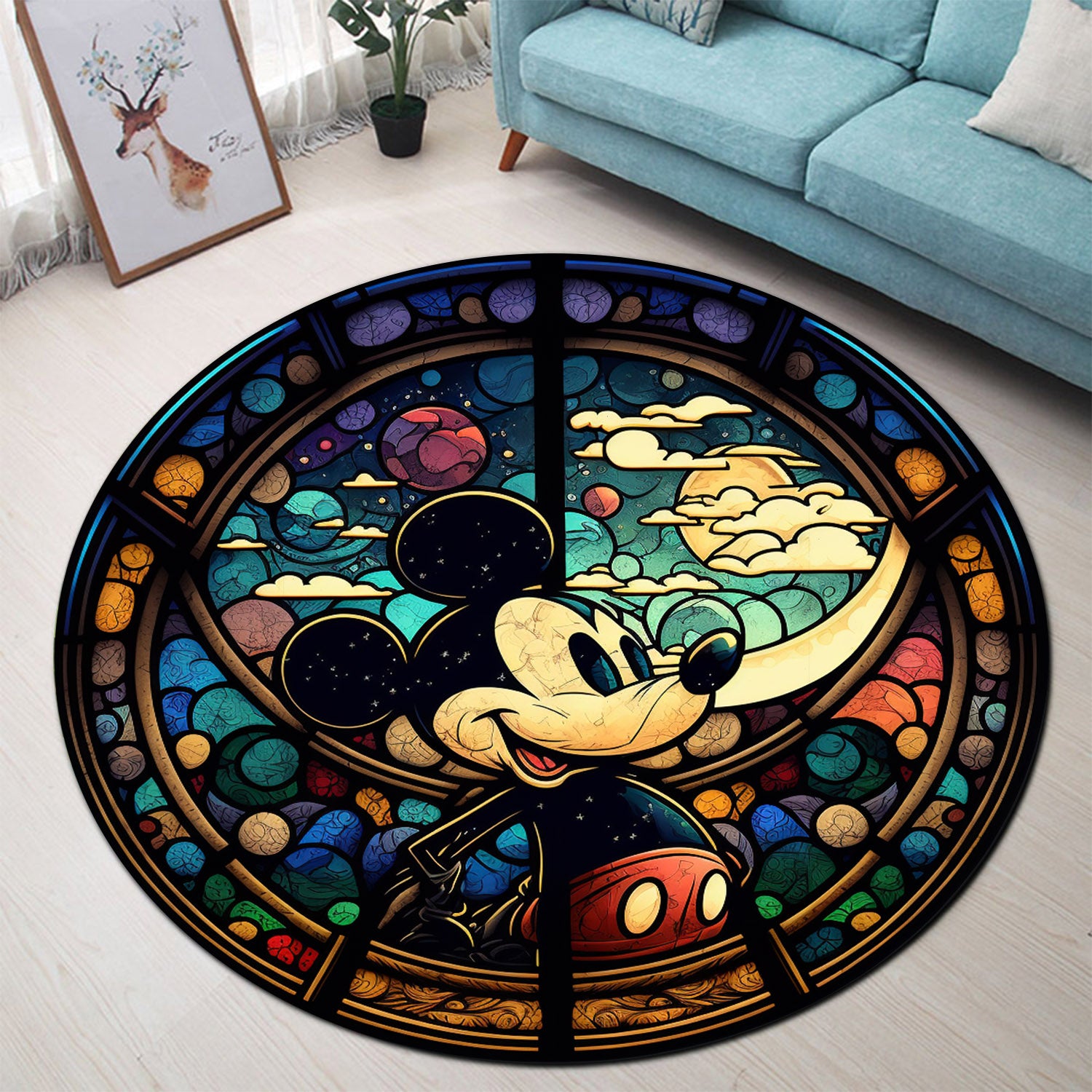 Mouse Stained Glass Round Rug for Bedroom Living Room Home Decor