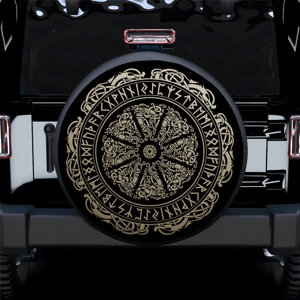 Viking Jeep Spare Tire Covers with Norse Runes and Dragons for Campers