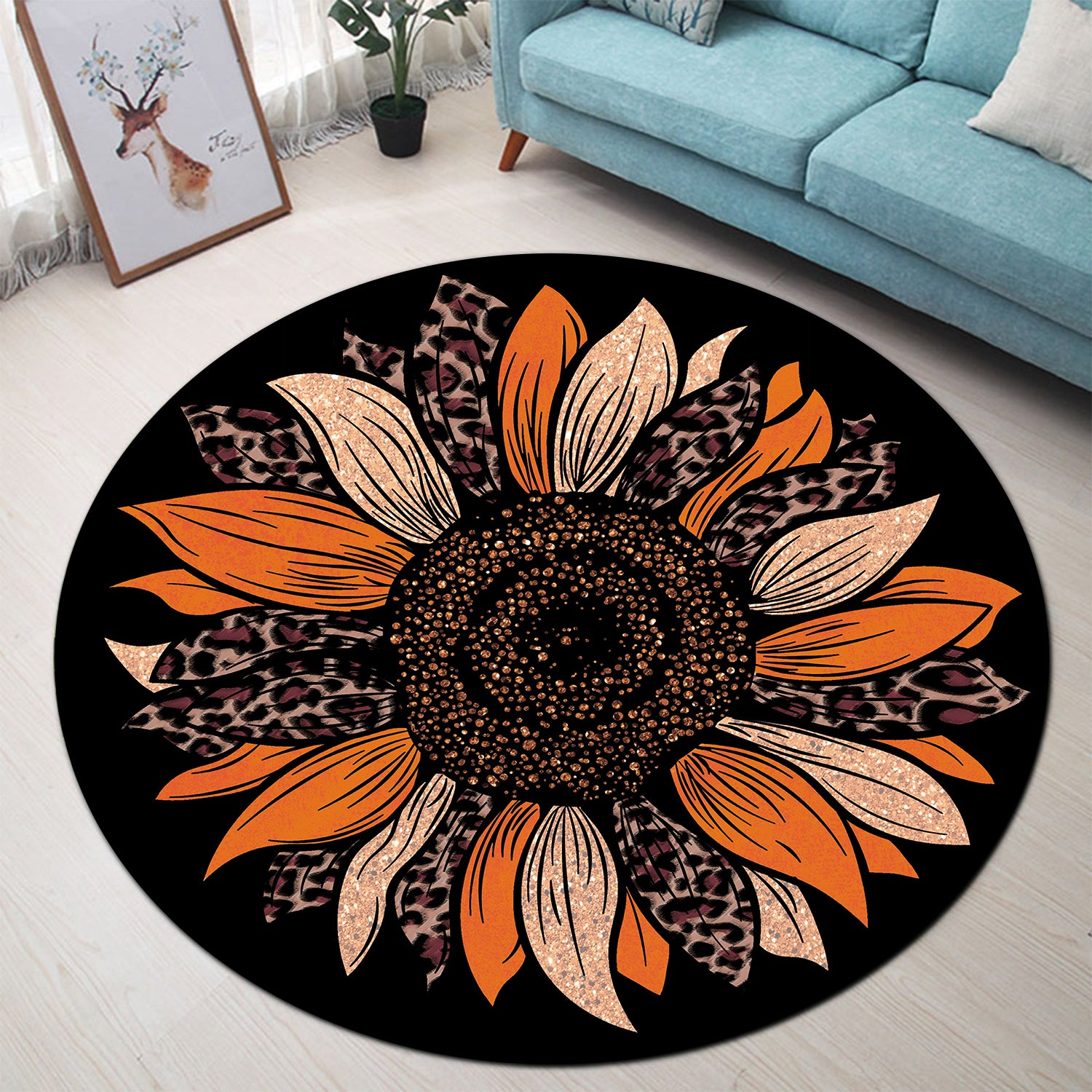Orange Cheetah Round Carpet Rug for Bedroom and Living Room Decor