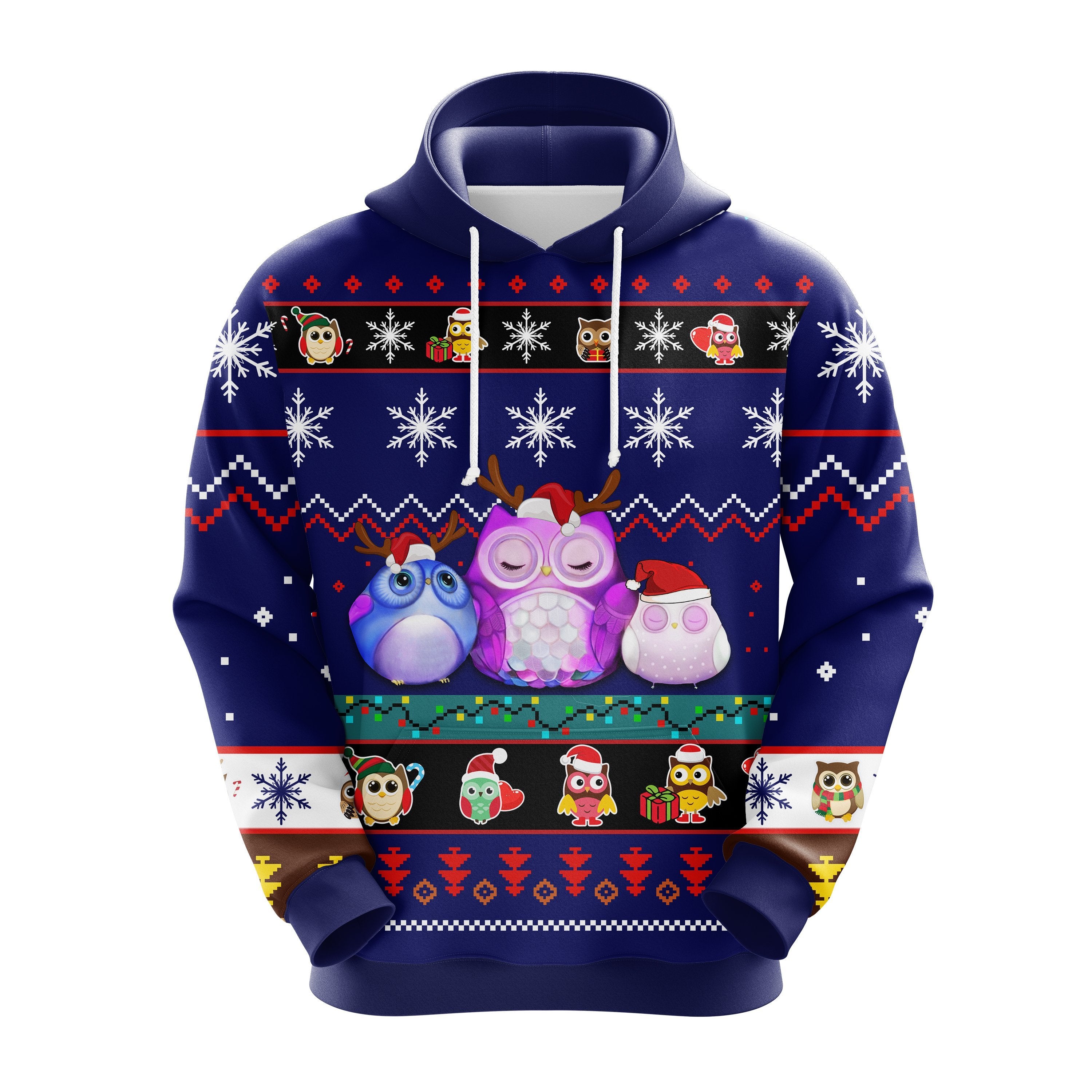 Cute Owl Christmas Ugly Hoodie Blue - Amazing Gift Idea