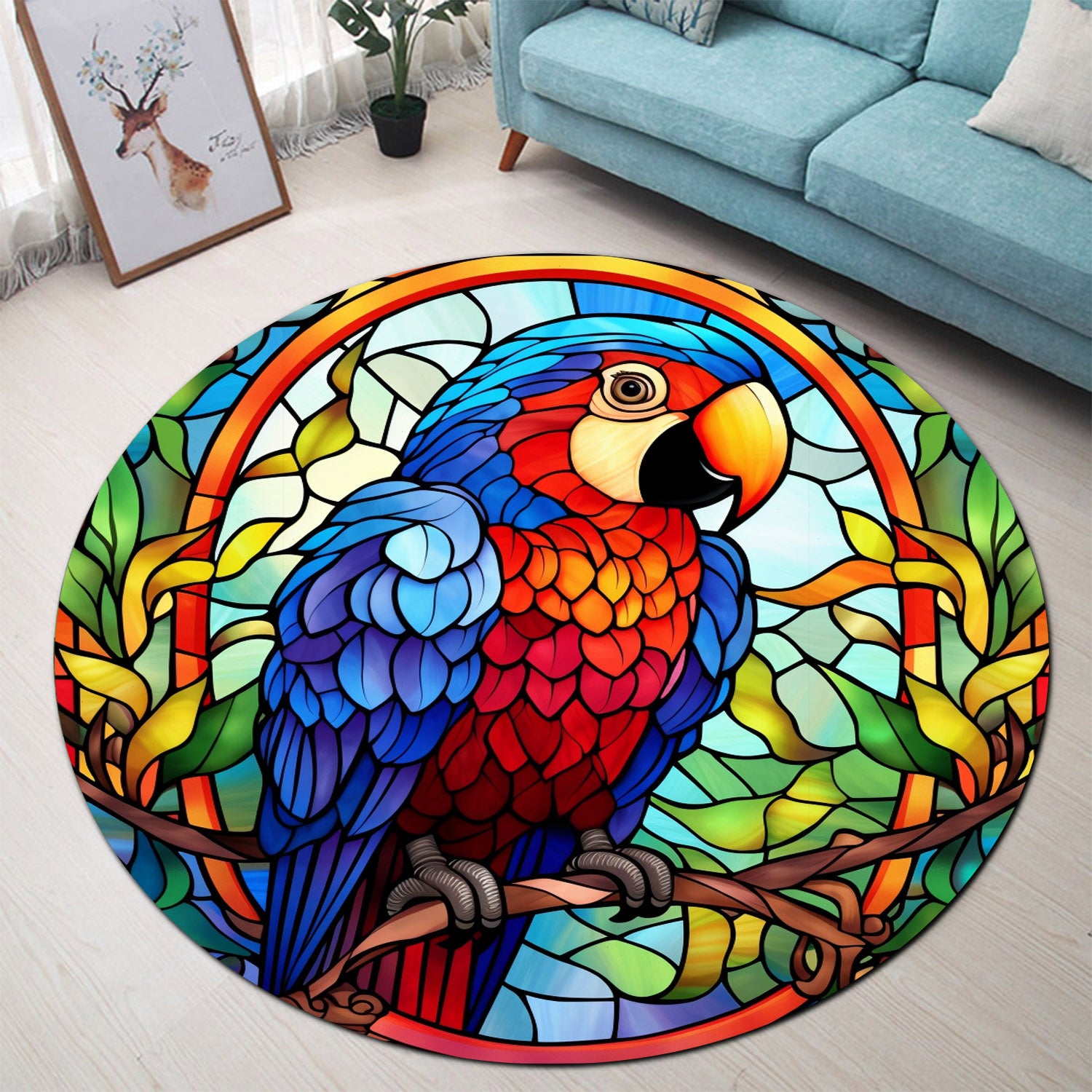 Parrot Stained Glass Round Rug for Bedroom Living Room Home Decor