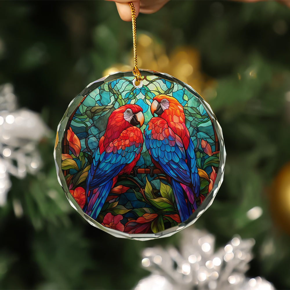 Christmas Holiday Parrot Couple Stained Glass Ornament Gift