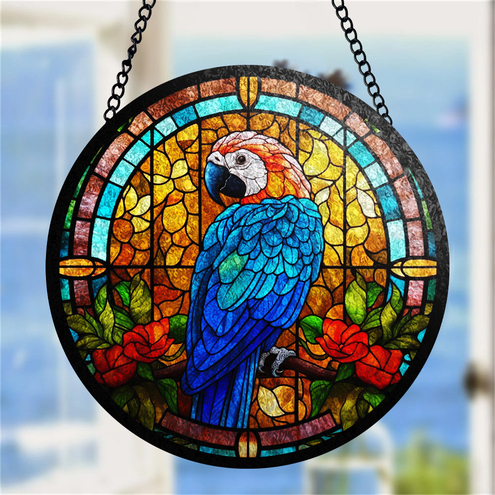 Parrot Flower Round Stained Glass Suncatcher for Window