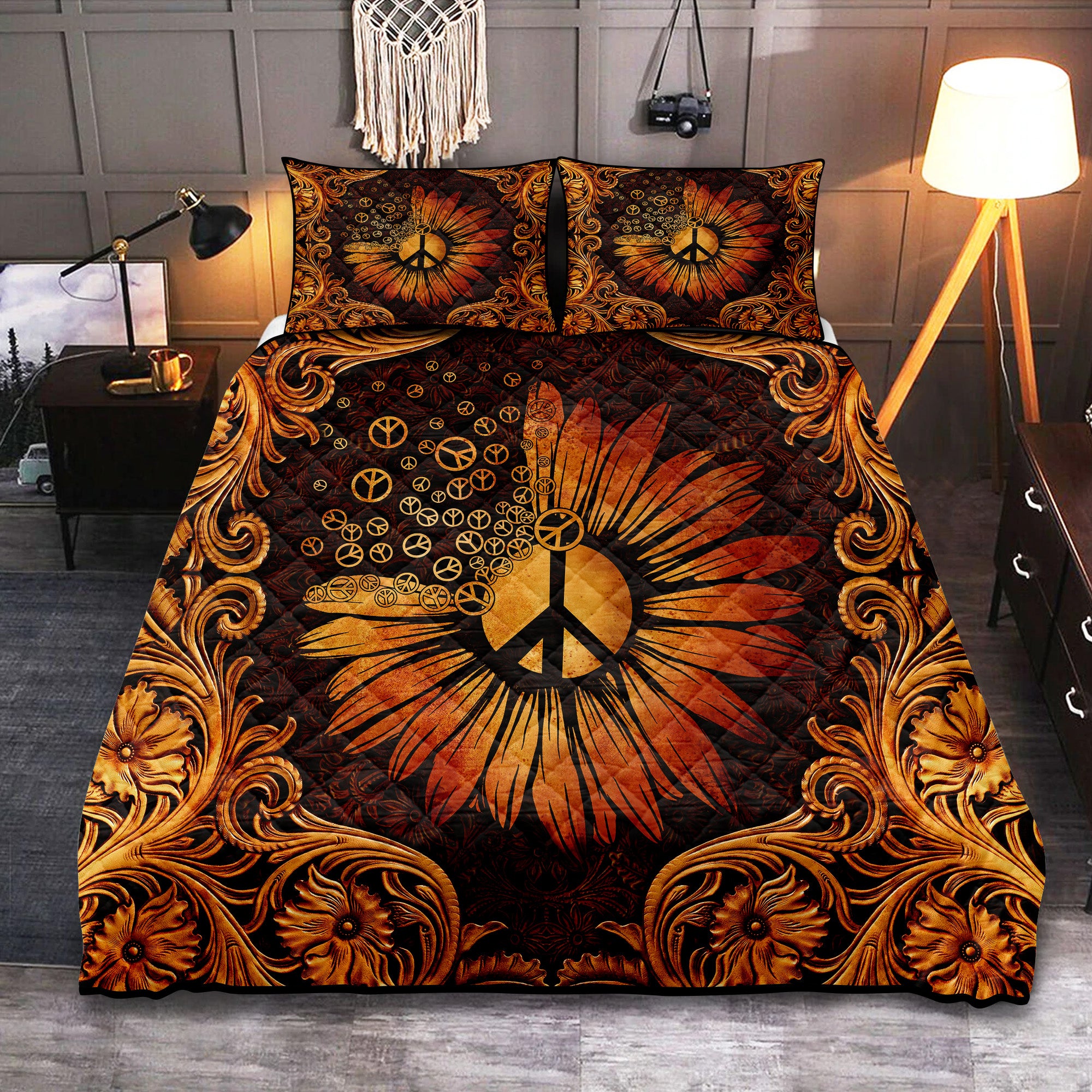 Sunflower Peace Sign Hippie Quilt Set for Bed Peace