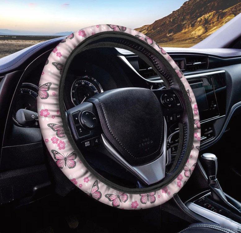 Pink Monarch Butterfly Print Car Steering Wheel Cover