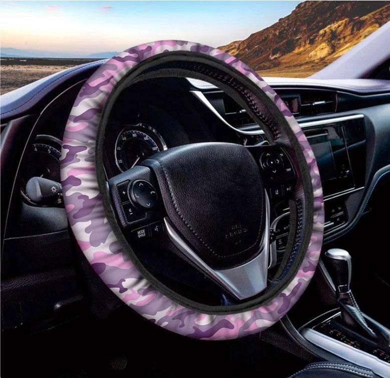 Pink Purple Grey Camouflage Steering Wheel Cover for Cars