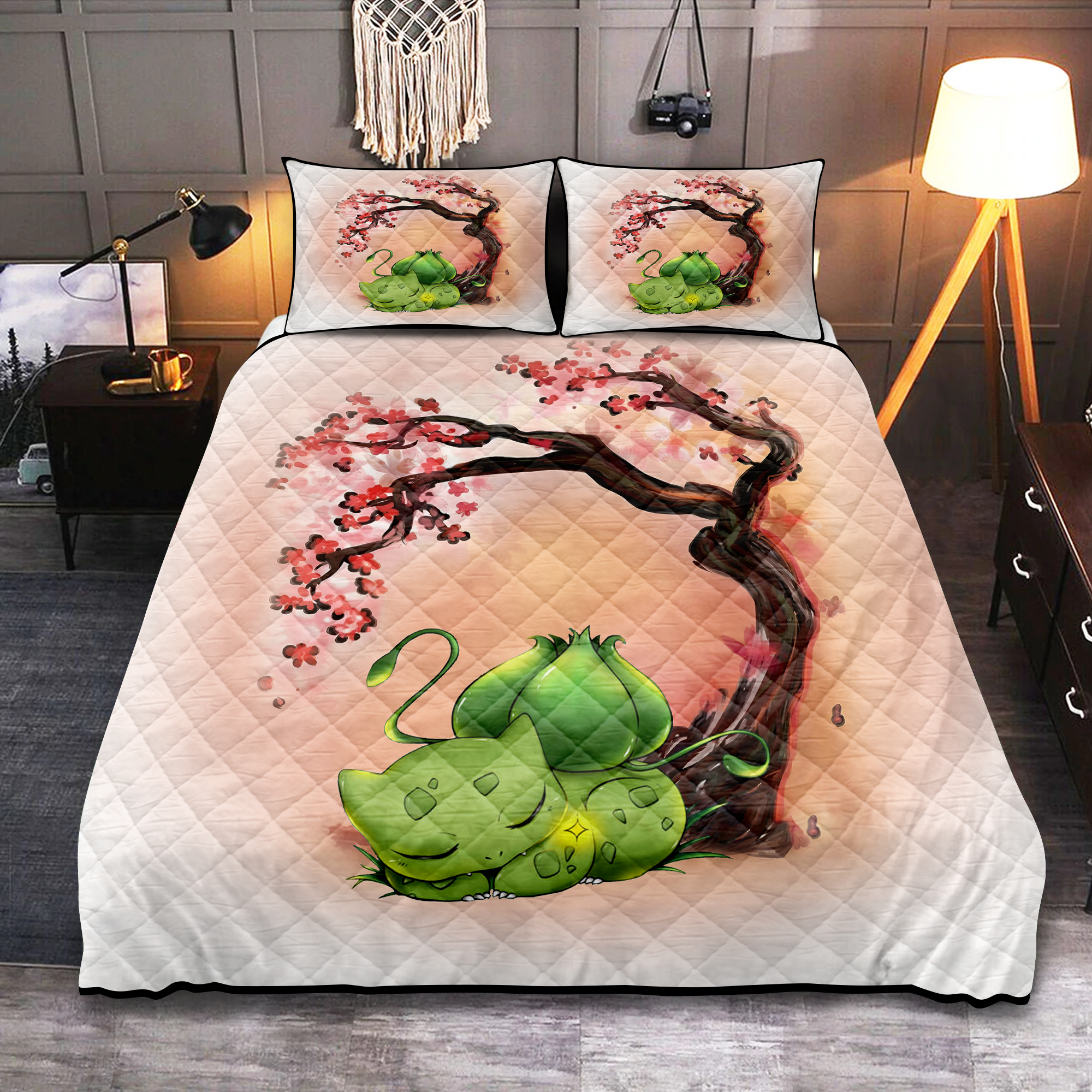 Bulbasaur Cherry Blossom Japanese Quilt Bed Set for Kids
