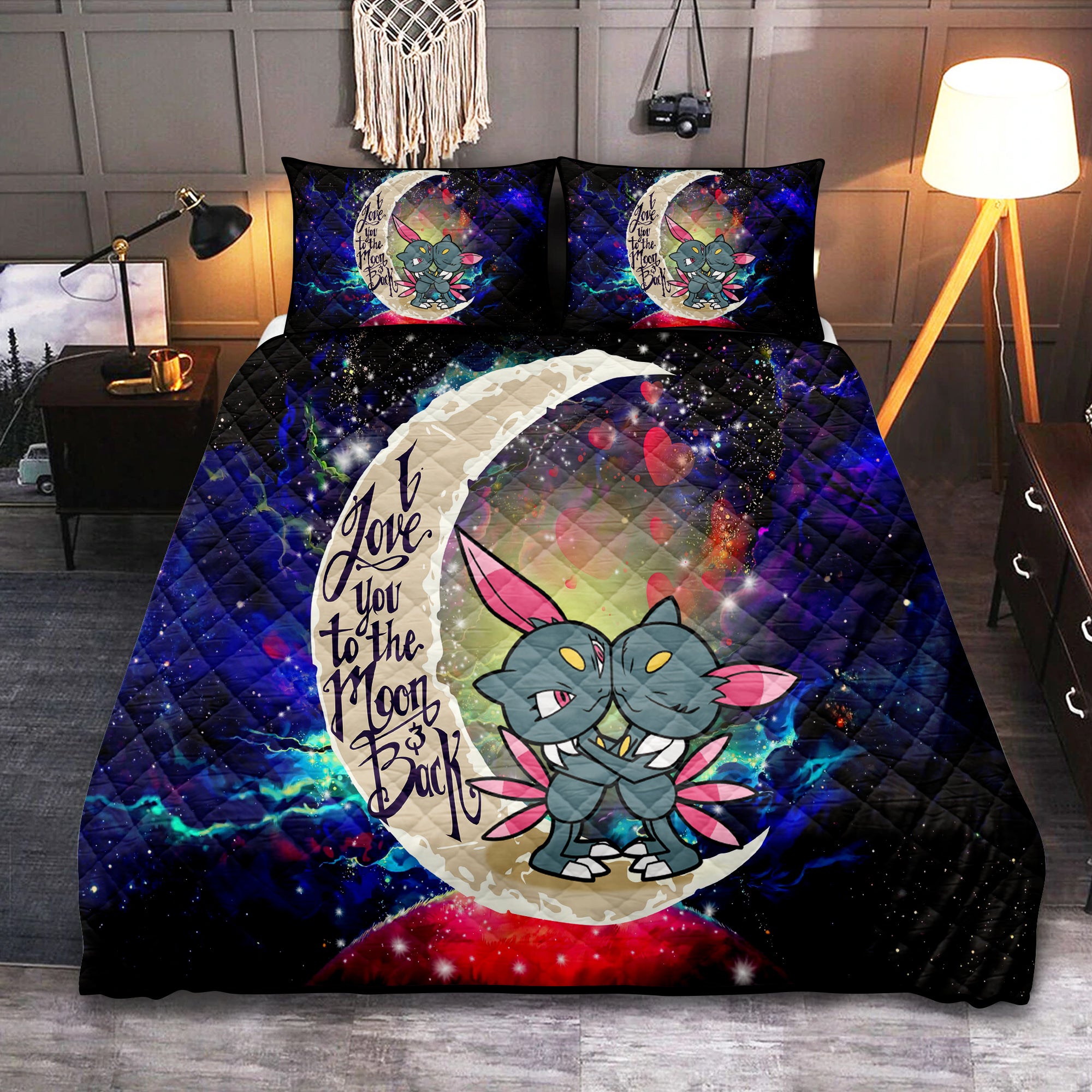 Pokemon Couple Galaxy Quilt Bed Set - Love You To The Moon Design
