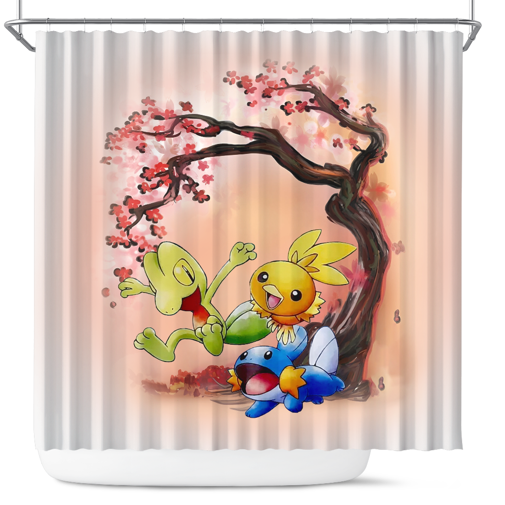 Pokemon Mudkip Treecko Torchic Cherry Blossom Shower Curtain