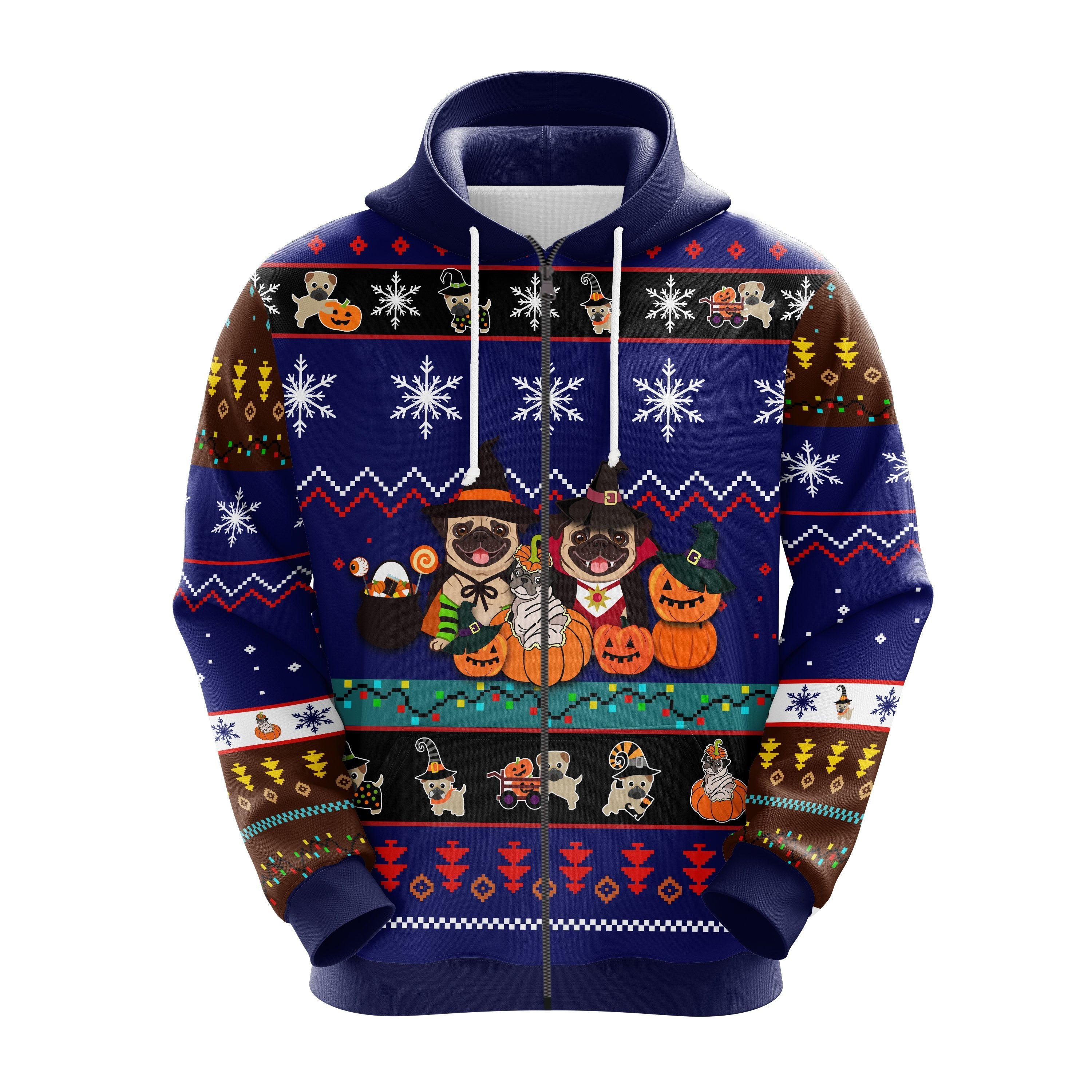 Cute Pug Dog Blue Zip Hoodie for Thanksgiving - Amazing Gift Idea