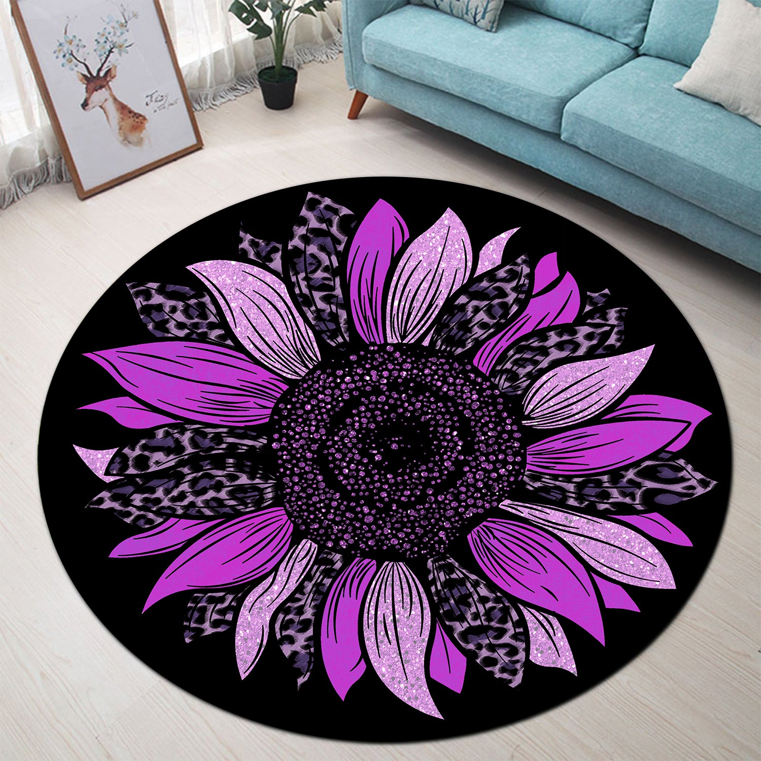 Purple Cheetah Sunflower Round Carpet for Bedroom Living Room Decor