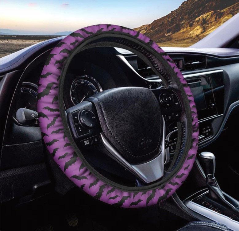 Purple Black Halloween Bat Print Steering Wheel Cover for Car