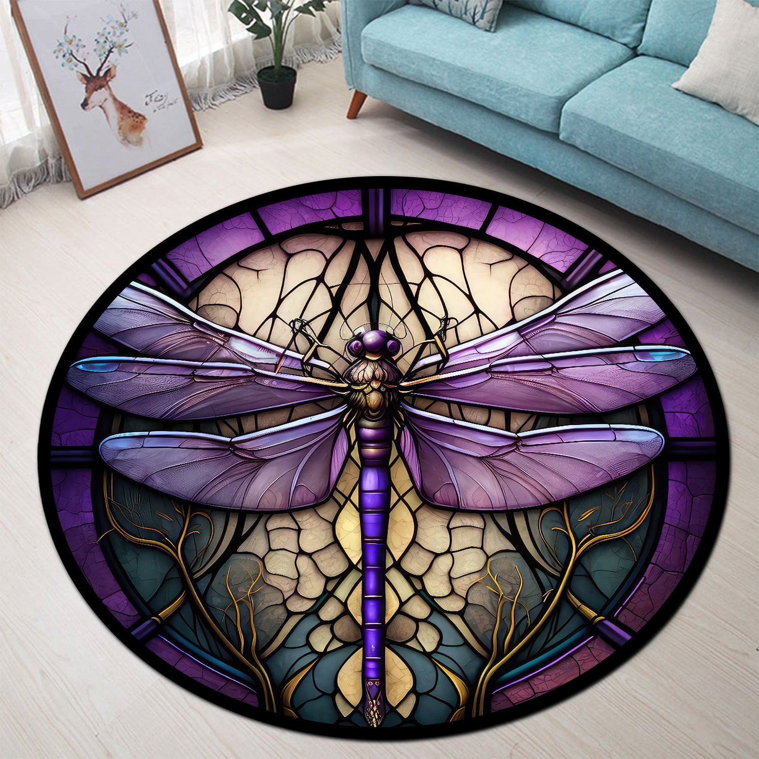 Purple Dragonfly Stained Glass Rug for Bedroom Living Room Decor