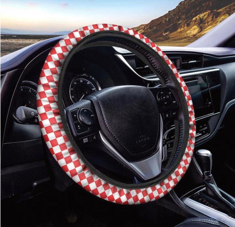 Red White Checkered Steering Wheel Cover for Cars Red