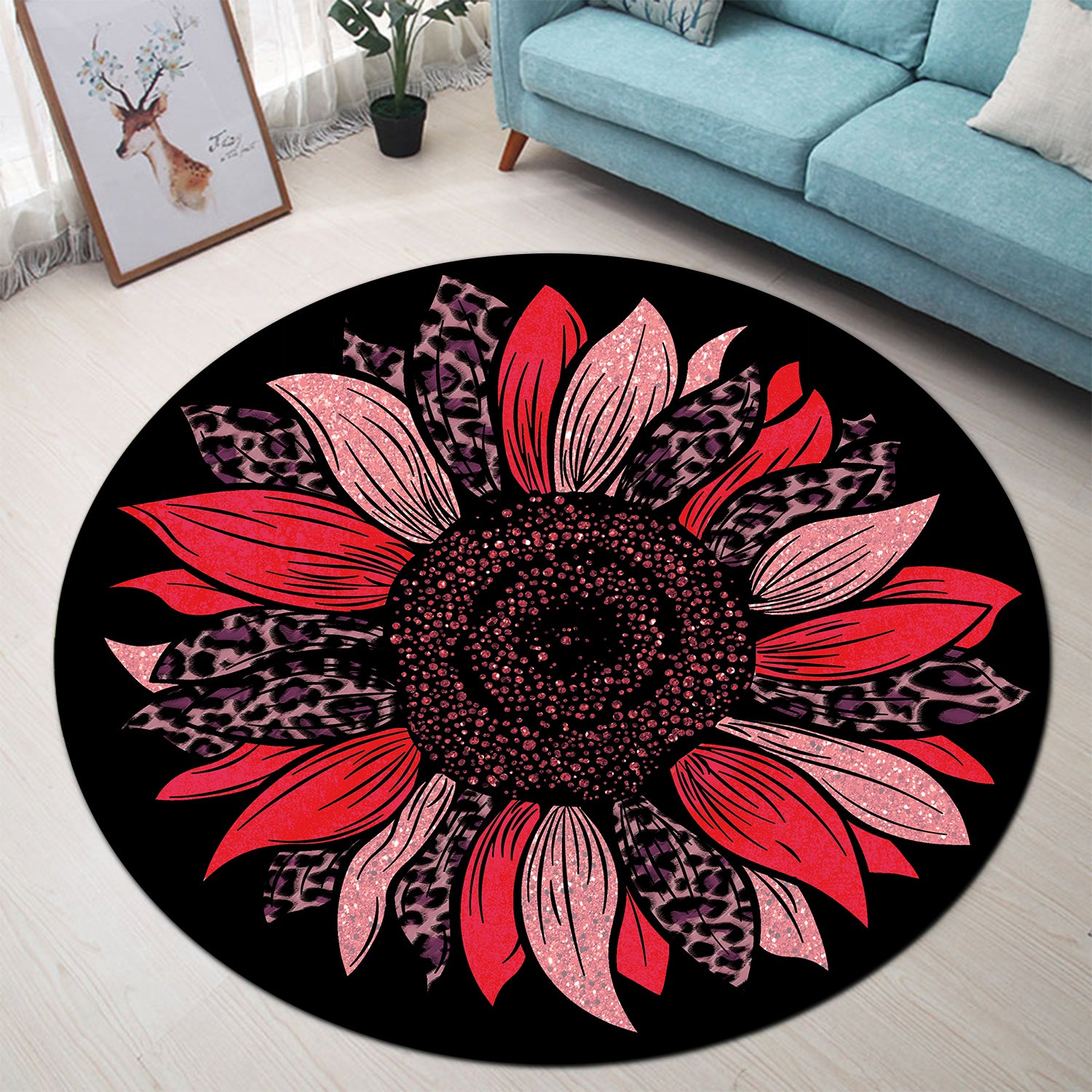 Red Cheetah Print Sunflower Carpet Rug for Bedroom Living Room Decor