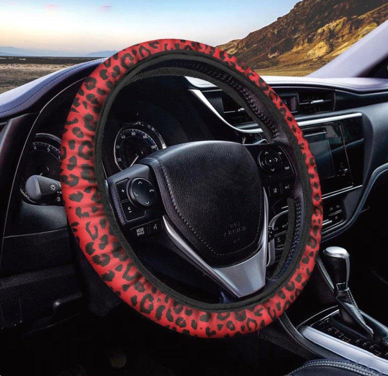 Red Leopard Print Steering Wheel Cover for Cars Red