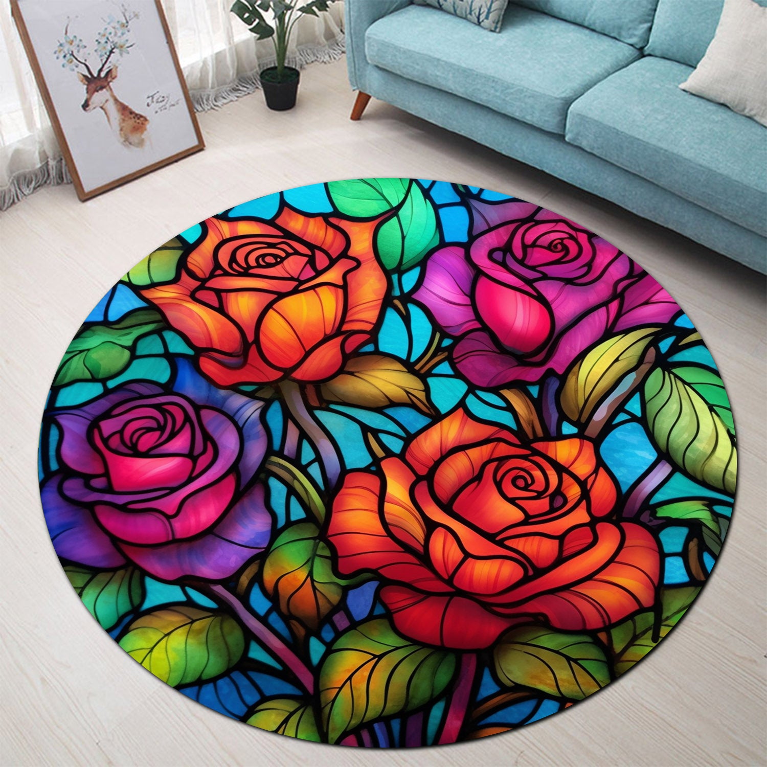 Roses Stained Glass Round Rug for Bedroom Living Room Home Decor