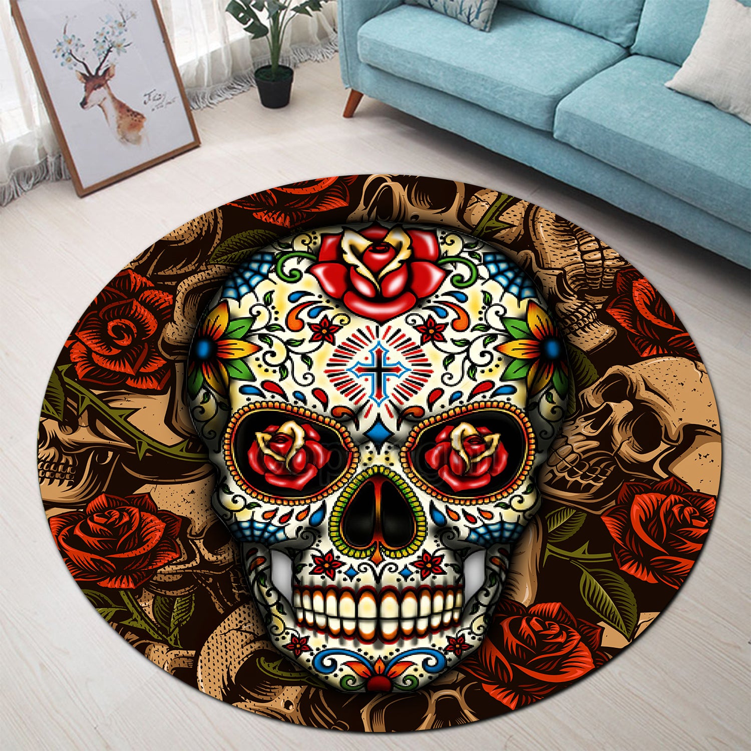 Skull Design Round Rug for Bedroom and Living Room Home Decor