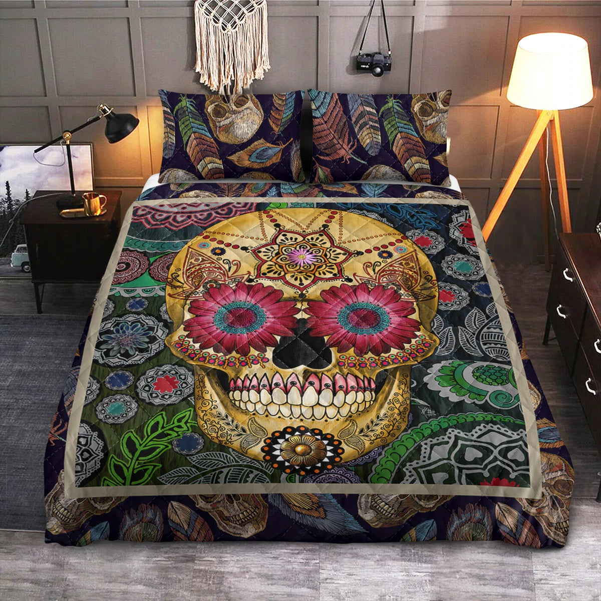 Sugar Skull Art Quilt Bed Set for Unique Home Decor