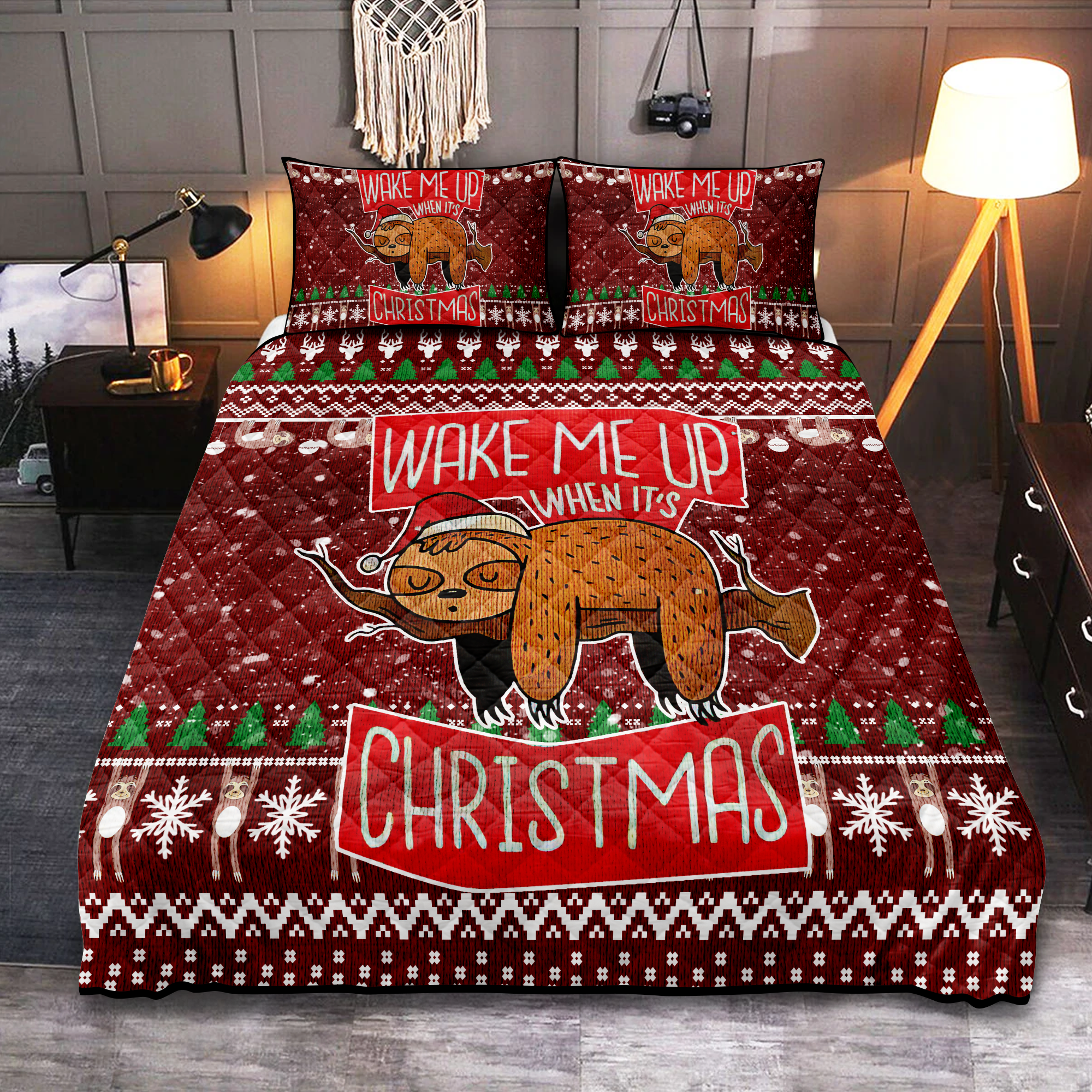 Red Sloth Christmas Bed Set Quilt - Festive Holiday Bedding